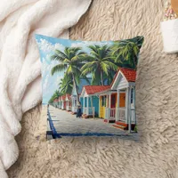 Colorful Tropical Vibrant Beach Huts Throw Pillow