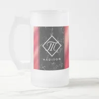 Elegant Black Marble & Rosé Red Foil Monogram Frosted Glass Beer Mug