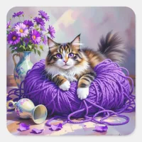 Cute Kitty Cat in Ball of Purple Yarn Square Sticker