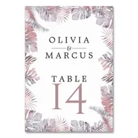 Watercolor Tropic Leaves Rose Mauve Table Number