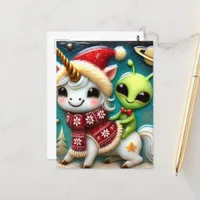 Festive Cute Christmas Alien and Unicorn Postcard