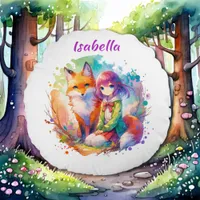 Pretty Watercolor Anime Girl and Fox Round Pillow