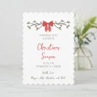 Personalized Red Bow Scalloped Edge Chic Christmas Card