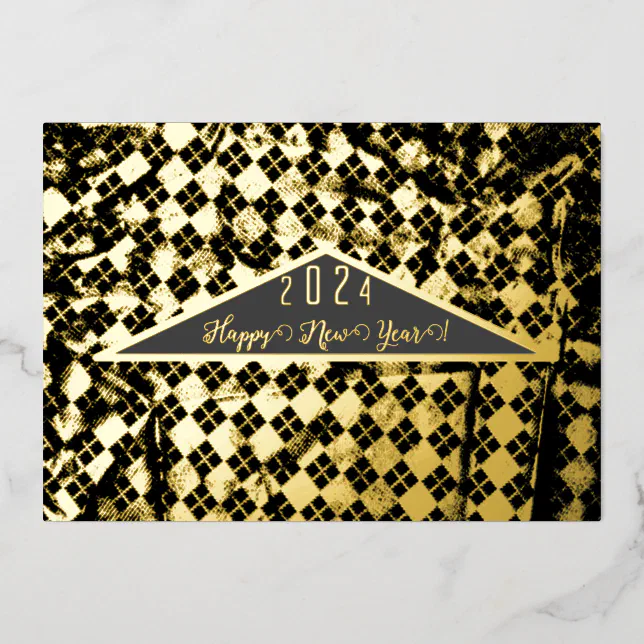 Gold patterned knitwear, happy new year foil invitation