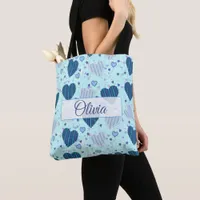 Personalized Name Tote Bag with Pretty Blue Hearts