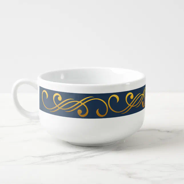 Elegant Gold Borders on Blue Soup Mug