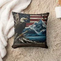 Majestic Bald Eagle Perched by Mountains and Flag Throw Pillow