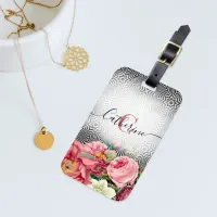 Vintage Flowers On Black White Name and Initial Luggage Tag