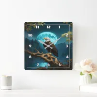 Eagle Perched on Branch Under Full Moon Square Wall Clock