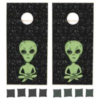 Alien and UFO starry black background  Cornhole Set