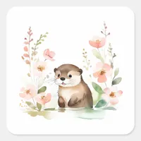 Adorable Otter With Flowers Square Sticker