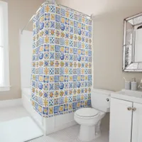 Blue White Yellow Tiles Pattern Summer Aesthetic  Shower Curtain