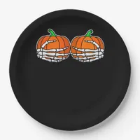 Skeleton Hand On Chest Pumpkin Halloween Women Paper Plates
