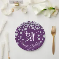 50th birthday purple diamonds hello 50 paper plates