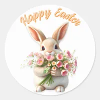 Easter Bunny Cute Flower Bouquet Happy Easter  Classic Round Sticker