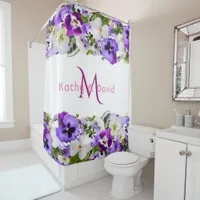 Purple florals white monogram name shower curtain