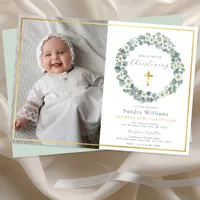 Elegant Gold Cross Eucalyptus Greenery Photo  Invitation