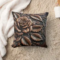 Intricate Rose Relief on Dark Leather Throw Pillow