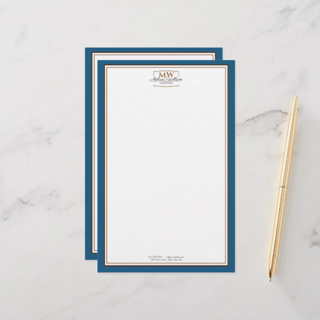 Simple Blue White Monogram Business Stationery