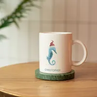 Blue Seahorse Nautical Named Christmas Coffee Mug