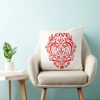 Red Fancy Love Heart 20in Throw Pillow