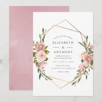 Watercolor Gold Geometric Blush Pink Roses Wedding Invitation
