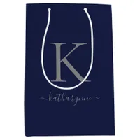 Chic Navy Blue Silver Monogram Name Medium Gift Bag