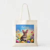 Cute Brown Easter Baby Bunny Name Tote Bag