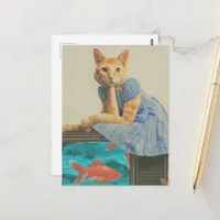 Cute Ginger Cat With Goldfish Retro Collage Postcard