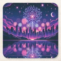 Fireworks over the City Skyline | Fourth of July Square Paper Coaster