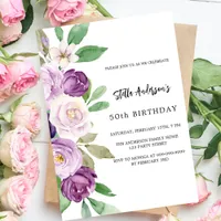 Purple violet florals birthday invitation