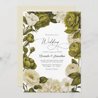 Olive Green and Cream Watercolor Floral Wedding Invitation