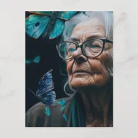 The Elderly Woman With Blue Butterflies Postcard