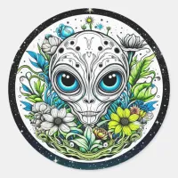 Extraterrestrial Alien in Flowers Starry Night Classic Round Sticker