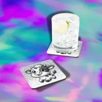 Silver Glitter on White with a Cow | Beverage Coaster