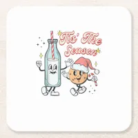 Tis The Season Retro Milk And Cookie Christmas Square Paper Coaster