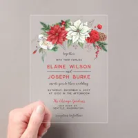 Rustic Poinsettia Winter Foliage Pine cone Wedding Acrylic Invitations