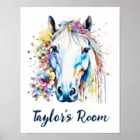 Pretty White Horse Floral Personalized  Poster