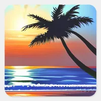 Palm Tree Silhouette with Sunet  Square Sticker