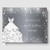 Sweet 16 silver white dress glitter birthday guest book