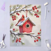 Pretty Christmas Cardinal & Birdhouse Snowflakes Tissue Paper