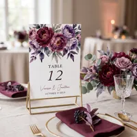 Watercolor Moody Burgundy Peony Autumn Wedding Table Number