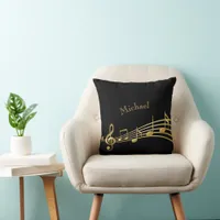 Black gold music notes name throw pillow