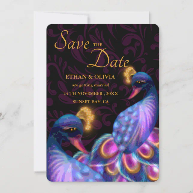 Peacock Jewel Tones Wedding Floral Moody purple Save The Date