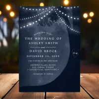 Rustic Carved Tree String Light Navy Blue Wedding Invitation