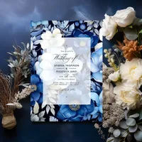 Navy Blue, Silver and White Floral Autumn Wedding Invitation