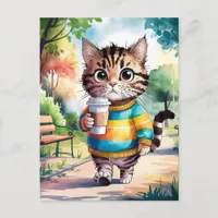 Adorable Cat Walking in the Park With Coffee Postcard