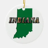 Indiana State Map Green Outline & Photo Text Ceramic Ornament