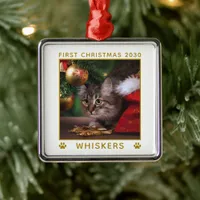 First Christmas Cat Photo Name Year Paws Custom Metal Ornament