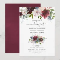 Burgundy, Navy and Blush Floral Wedding Invitation